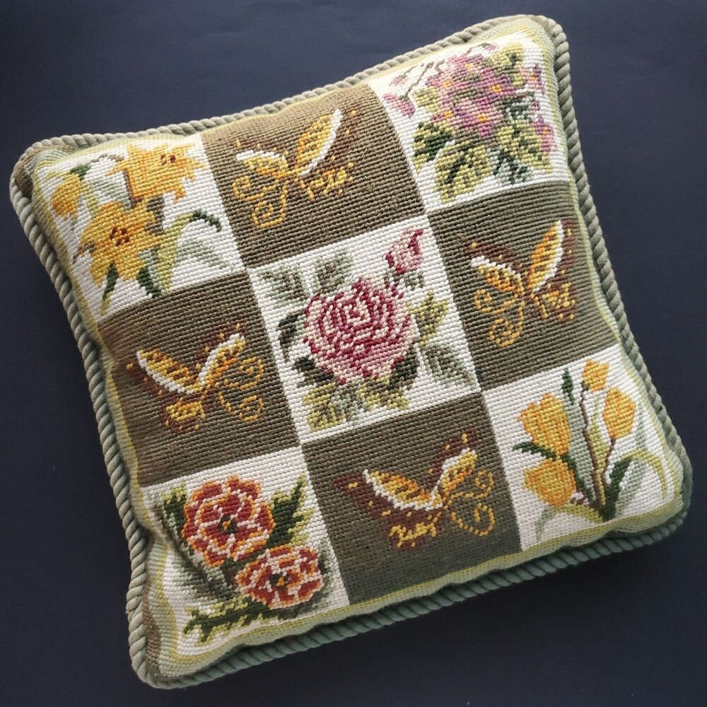 Needlepoint Feather Pillow Flower Butterfly 14" Zipper Closure Green Velour Back